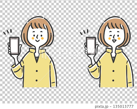 スマホの画面を見せる女性 上半身 ベクター スマホの画面を見せる女性 上半身 ベクター 135013777