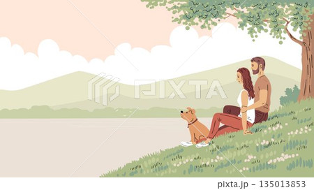 Couple dog nature landscape family love outdoor relaxation banner Couple dog nature landscape family love outdoor relaxation banner 135013853