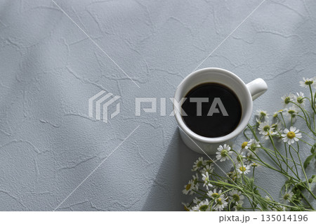 水色のテクスチャ背景にブラックコーヒーとマトリカリアのフラットレイ(余白あり) 水色のテクスチャ背景にブラックコーヒーとマトリカリアのフラットレイ(余白あり) 135014196