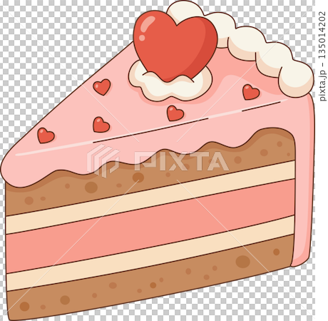 Cute Pink Layered Cake Slice with Red Heart Topping Illustration for Valentine's Day and Romantic Celebration 135014202
