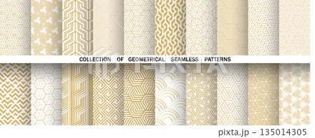 Geometric set of seamless golden and white patterns. Simple vector graphics 135014305