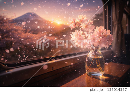夕暮れの車窓に舞う桜吹雪と富士山 135014337