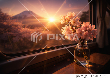 輝く夕日と富士山 車窓を彩る桜 135014338