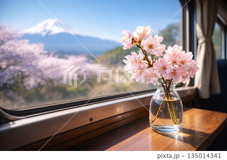 春の列車旅 窓辺の桜と富士山 春の列車旅 窓辺の桜と富士山 135014341