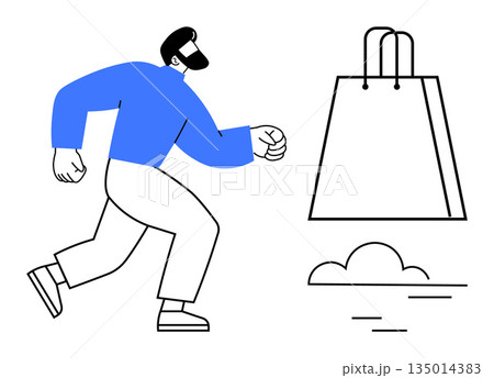 Online shopping, consumerism, e-commerce trends, retail marketing, purchase behavior, delivery services. A man walks towards a shopping bag with minimal line elements and a cloud motif. Online Online shopping, consumerism, e-commerce trends, retail marketing, purchase behavior, delivery services. A man walks towards a shopping bag with minimal line elements and a cloud motif. Online 135014383