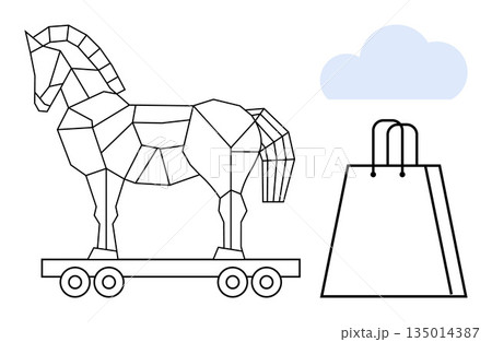 Cybersecurity, online scams, digital shopping, internet security, data theft, e-commerce risks. Geometric Trojan horse, shopping bag cloud icon. Cybersecurity and online scams in digital commerce 135014387