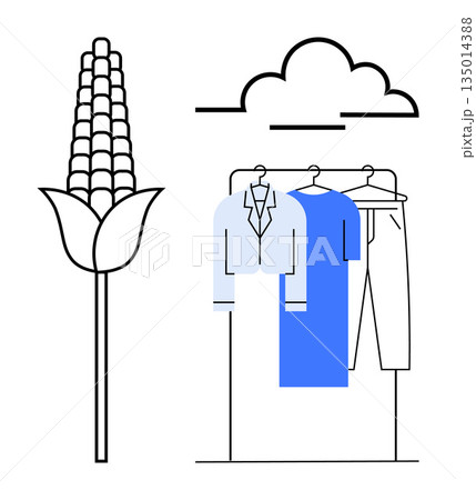 Sustainable farming, eco-friendly fashion, environmental conservation, agriculture, clothing design, organic threads production. Corn plant next to clothing rack under a cloud element. Sustainable 135014388
