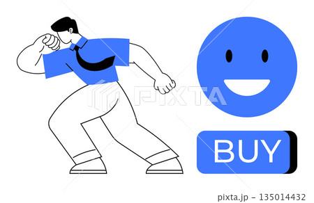 E-commerce, online shopping, digital marketing, user behavior, branding, retail strategies. A dynamic character leans forward beside a happy face and a BUY button. E-commerce and online shopping 135014432