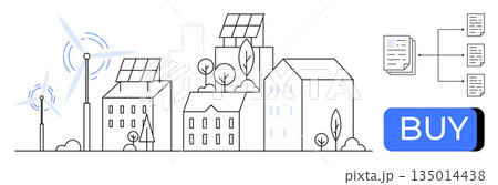 Renewable energy, sustainability, eco-friendly living, smart cities, green technology, online payments. Urban buildings with solar panels and wind turbines. Renewable energy and sustainability Renewable energy, sustainability, eco-friendly living, smart cities, green technology, online payments. Urban buildings with solar panels and wind turbines. Renewable energy and sustainability 135014438