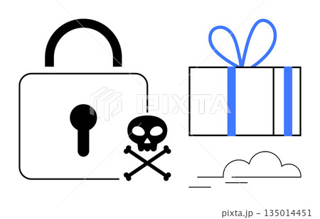 Cybersecurity, online security, malware risks, digital safety, hacking warnings, online scams. A padlock, skull and crossbones and gift box with a ribbon. Cybersecurity and online security 135014451