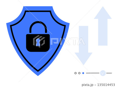 Cybersecurity, encryption, privacy, data protection, information security, authentication. Blue shield with a padlock icon, arrows and minimal interface elements. Cybersecurity and encryption Cybersecurity, encryption, privacy, data protection, information security, authentication. Blue shield with a padlock icon, arrows and minimal interface elements. Cybersecurity and encryption 135014453