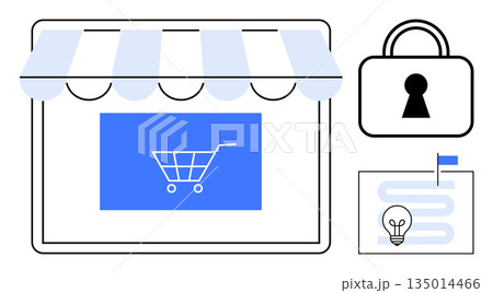 E-commerce, cybersecurity, online shopping, business planning, data security, workflow mapping. Digital storefront with shopping cart, lock and strategy infographic. E-commerce and cybersecurity 135014466
