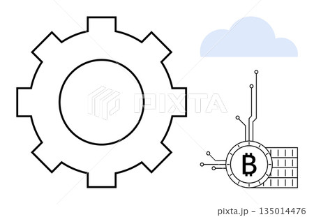 Blockchain, fintech, cryptocurrency, cloud computing, technology integration, data security. Gear, Bitcoin symbol connected to circuits cloud icon. Blockchain and fintech for digital transformation 135014476