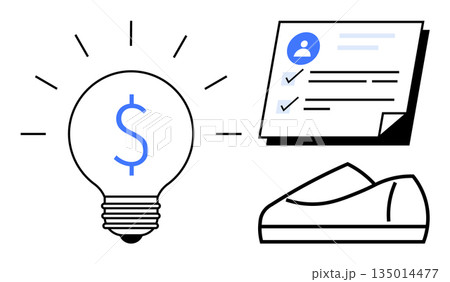 Business strategy, financial solutions, innovation, personal identity, creative progress, future growth. Lightbulb with dollar sign, identity document and shoe illustration. Business strategy 135014477