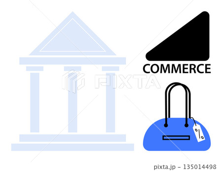 Economy, retail, banking, trade, e-commerce, financial services. A building a bank, Commerce text with a triangle and a shopping bag with a price tag. Economy and retail concepts Economy, retail, banking, trade, e-commerce, financial services. A building a bank, Commerce text with a triangle and a shopping bag with a price tag. Economy and retail concepts 135014498