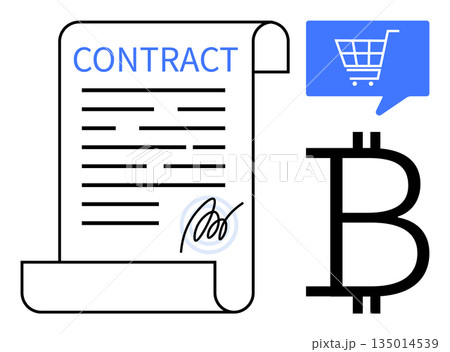 Cryptocurrency payments, e-commerce transactions, blockchain technology, digital agreements, financial security, online shopping. A scroll contract, Bitcoin symbol, and a shopping cart icon Cryptocurrency payments, e-commerce transactions, blockchain technology, digital agreements, financial security, online shopping. A scroll contract, Bitcoin symbol, and a shopping cart icon 135014539