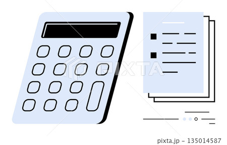 Financial planning, accounting, budgeting, calculations, data management, tax preparation. Image of a calculator and stacked documents. Financial planning and accounting concept Financial planning, accounting, budgeting, calculations, data management, tax preparation. Image of a calculator and stacked documents. Financial planning and accounting concept 135014587