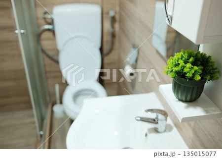 Bright bathroom interior with white toilet and sink against warm tiled walls. Practical sanitary space showing cleanliness, functionality and everyday residential comfort 135015077