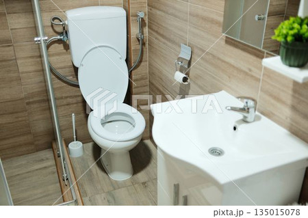Bright bathroom interior with white toilet and sink against warm tiled walls. Practical sanitary space showing cleanliness, functionality and everyday residential comfort Bright bathroom interior with white toilet and sink against warm tiled walls. Practical sanitary space showing cleanliness, functionality and everyday residential comfort 135015078