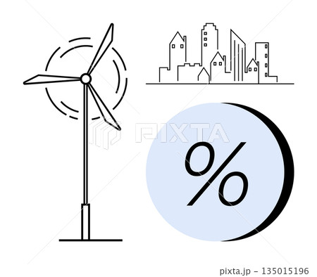 Sustainable energy, urban planning, clean technology, growth metrics, environmental impact, climate goals. Wind turbine, cityscape and percentage graphic. Sustainability and urban planning concept 135015196
