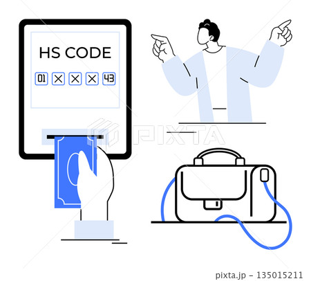 International trade, e-commerce, shipping documentation, financial transactions, business processes, customs duties. Hand inserting money into machine, person gesturing briefcase . E-commerce 135015211