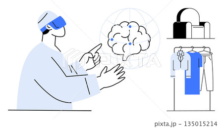 Artificial intelligence, virtual reality, smart technology, home automation, neuroscience, futuristic design. Person using VR headset interacting with a digital brain. Virtual reality and artificial Artificial intelligence, virtual reality, smart technology, home automation, neuroscience, futuristic design. Person using VR headset interacting with a digital brain. Virtual reality and artificial 135015214