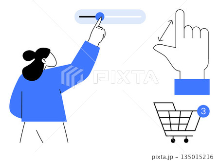 E-commerce, user interface, online purchases, digital interactions, shopping carts, notifications. Person adjusting a digital slider, hand gesture icons shopping cart with item count. E-commerce E-commerce, user interface, online purchases, digital interactions, shopping carts, notifications. Person adjusting a digital slider, hand gesture icons shopping cart with item count. E-commerce 135015216