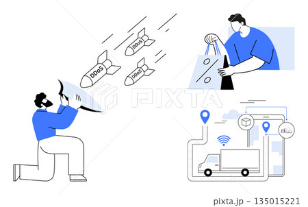 Cybersecurity, e-commerce, online safety, logistics, cyber threats, delivery tracking. DDoS attack blocked by a shield, a shopper holding a bag and a GPS-tracked delivery truck. Cybersecurity Cybersecurity, e-commerce, online safety, logistics, cyber threats, delivery tracking. DDoS attack blocked by a shield, a shopper holding a bag and a GPS-tracked delivery truck. Cybersecurity 135015221