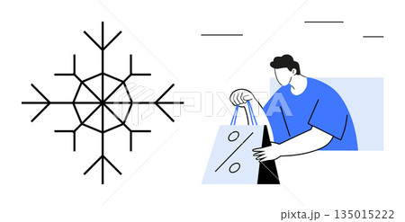 Winter deals, online shopping, e-commerce, retail holidays, seasonal discounts, marketing ads. Snowflake graphic beside a person holding shopping bags with a discount symbol. Winter deals and online 135015222