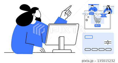 E-commerce, online purchases, secure transactions, retail technology, virtual shopping, digital economy. Woman pointing to a shopping cart interface. E-commerce and secure transactions concept 135015232