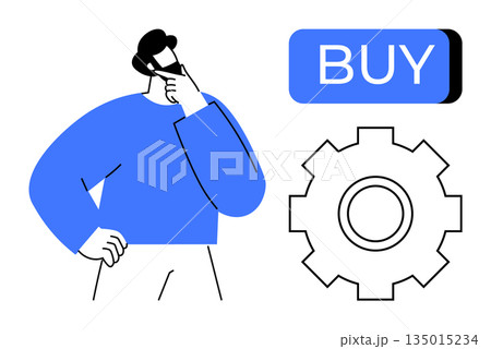 Consumer behavior, e-commerce, marketing strategy, purchasing decisions, online shopping, innovation. A thoughtful man, gear icon and buy button. Consumer behavior and e-commerce concept 135015234