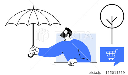 Security, e-commerce, sustainability, protection, online shopping, consumer safety. A man holds an umbrella with icons of a tree and shopping cart. Security and e-commerce protection concept 135015259