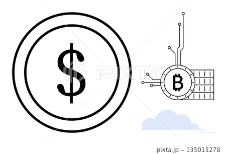 Digital finance, cryptocurrency, blockchain, online transactions, decentralized economy, fintech. A dollar sign inside a circle and a Bitcoin symbol with circuit lines. Digital finance Digital finance, cryptocurrency, blockchain, online transactions, decentralized economy, fintech. A dollar sign inside a circle and a Bitcoin symbol with circuit lines. Digital finance 135015278