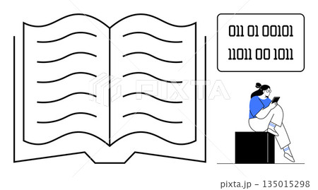 Digital transformation, education, coding, knowledge sharing, data access, online learning. Open book with binary code and a person with a tablet. Digital transformation and education concept 135015298