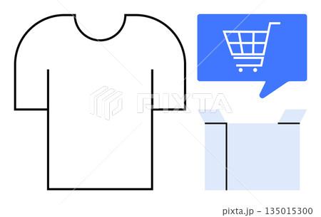 E-commerce, online shopping, retail, product delivery, branding, clothing sales. A minimalistic design of a t-shirt, a shopping cart icon in a blue speech bubble and an open box. E-commerce 135015300