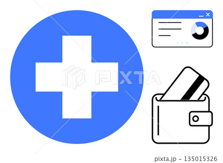 Digital payment, healthcare access, financial management, online transactions, data analysis, electronic wallets. Blue medical cross, wallet with card analytics dashboard. Digital payment Digital payment, healthcare access, financial management, online transactions, data analysis, electronic wallets. Blue medical cross, wallet with card analytics dashboard. Digital payment 135015326