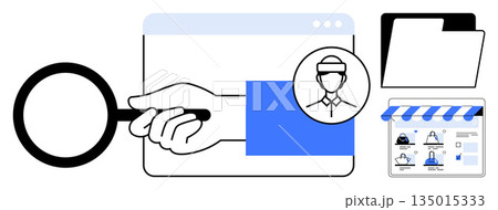 Digital identity, online security, data management, e-commerce, user profiles, research. A magnifying glass, profile icon files and marketplace. Digital identity and online security Digital identity, online security, data management, e-commerce, user profiles, research. A magnifying glass, profile icon files and marketplace. Digital identity and online security 135015333