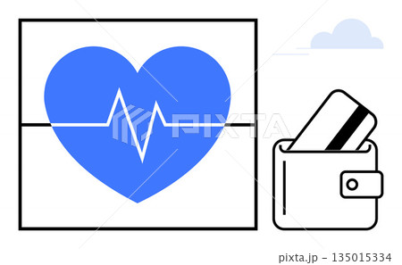 Healthcare costs, insurance, financial planning, medical expenses, financial security, payment systems. A blue heart with an ECG line next to a wallet and card. Healthcare costs and insurance concept 135015334