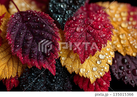 Vibrant Autumn Leaves with Water Droplets Highlighting Seasonal Beauty and Natural Patterns Generative AI 135015366