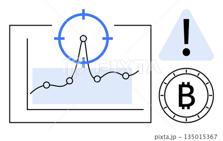 Finance, cryptocurrency, risk management, market trends, blockchain, investment security. Graph with rising trend, Bitcoin logo warning sign and target symbol. Cryptocurrency and risk management Finance, cryptocurrency, risk management, market trends, blockchain, investment security. Graph with rising trend, Bitcoin logo warning sign and target symbol. Cryptocurrency and risk management 135015367