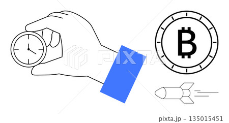 Cryptocurrency, time management, innovation, financial growth, technology trends, blockchain economy. Hand holding a clock, Bitcoin coin and rocket. Time management and cryptocurrency explored Cryptocurrency, time management, innovation, financial growth, technology trends, blockchain economy. Hand holding a clock, Bitcoin coin and rocket. Time management and cryptocurrency explored 135015451