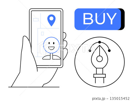 Online shopping, navigation apps, digital creativity, UI design, social interaction, technology. Smartphone showing a happy face, location pin buy button design tool. Online shopping and navigation Online shopping, navigation apps, digital creativity, UI design, social interaction, technology. Smartphone showing a happy face, location pin buy button design tool. Online shopping and navigation 135015452