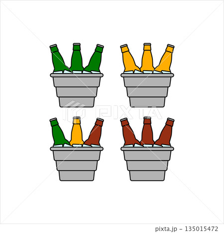 Bottles of beer in a metal bucket with ice cubes. Colored vector illustration and icons on a white background. Outline and line style. Bottles of beer in a metal bucket with ice cubes. Colored vector illustration and icons on a white background. Outline and line style. 135015472