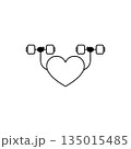 Heart icon holding a dumbbell. Vector heart symbol doing weight training. 135015485