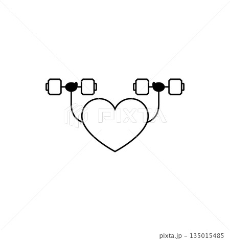 Heart icon holding a dumbbell. Vector heart symbol doing weight training. 135015485