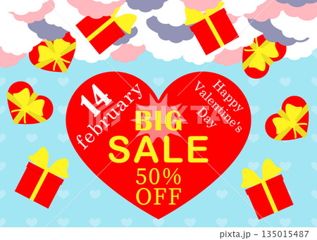 Valentines day sale offer, poster banner design with big heart and falling gifts. Vector illustration. Editable template. 135015487