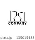 Logo with houses and skyscrapers. Simple minimal design. Isolated vector illustration on white background.  135015488