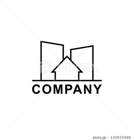 Logo with houses and skyscrapers. Simple minimal design. Isolated vector illustration on white background.  135015488