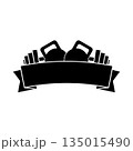 Gym logo. Emblem for fitness. Kettlebell and barbell with ribbon banner. Isolated vector illustration on white background. 135015490