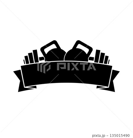 Gym logo. Emblem for fitness. Kettlebell and barbell with ribbon banner. Isolated vector illustration on white background. 135015490